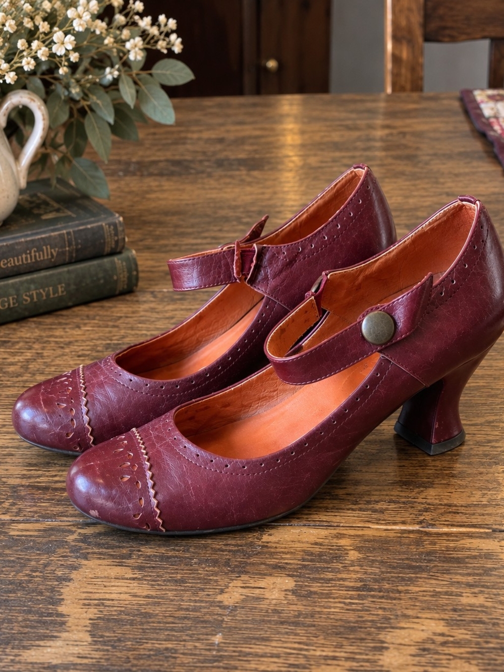 Miz Mooz Burgundy Leather Mary Jane Heels 39 Retro Victorian Brogue